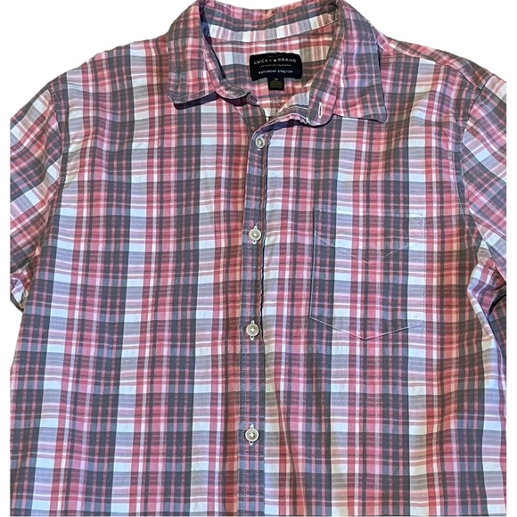 Lucky Brand Saturday Stretch Plaid Button Down Shirt Pink & Gray Medium - Picture 2 of 5